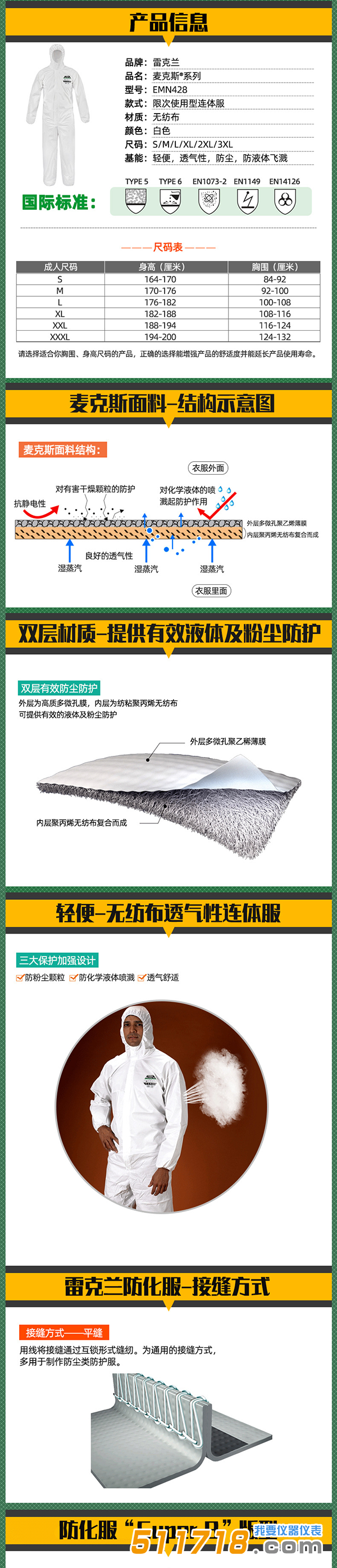 法國雷克蘭 EMN428工業防塵液體防噴濺 防低危險化學噴濺 防護服.png